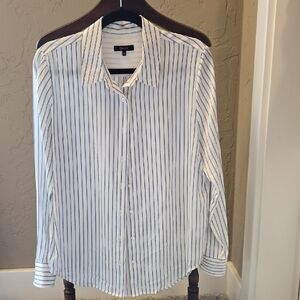 Quince White and Blue Dress Shirt with Vertical Stripes